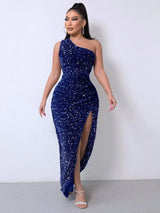 Foreign Trade Sleeveless One Shoulder Slash Neck Sequins-Royal blue-19