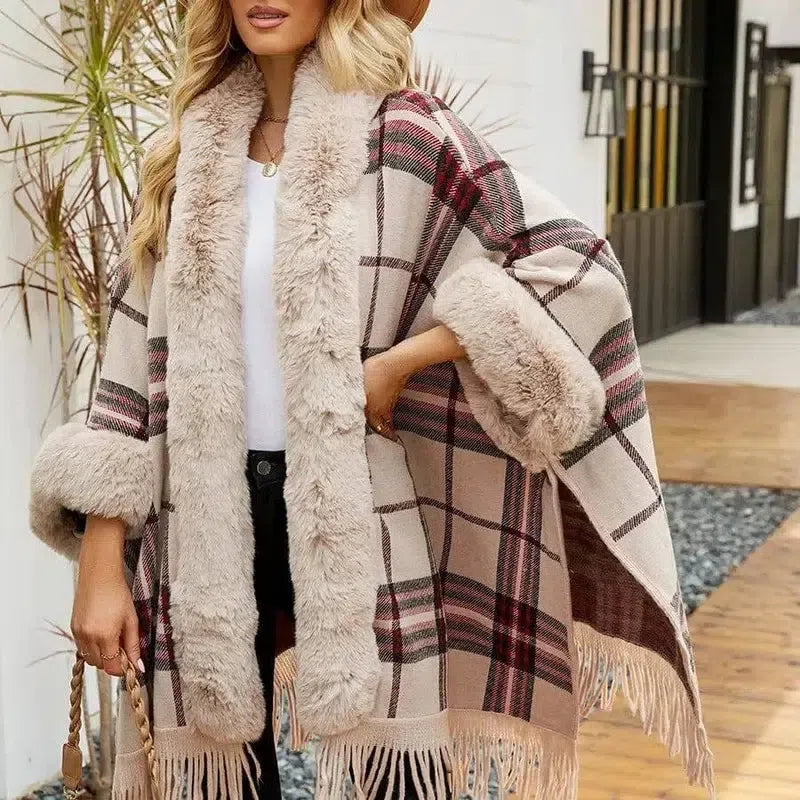 Fringe Cardigan Plaid Shawl Sweater Women's Dress-8