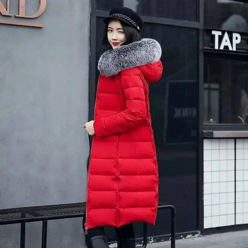 Stylish Long Grey Puffer Coat for Winter-Red-2