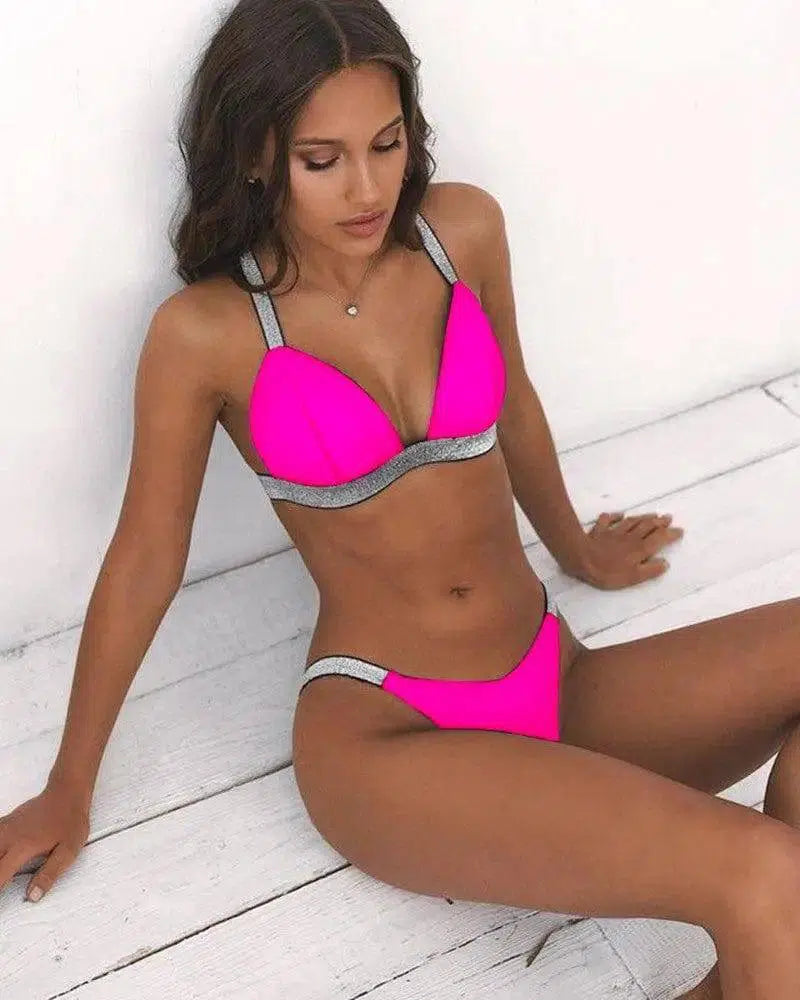 Gathered Bronzing Split Bikini Swimsuit Women-Pink-9