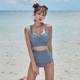 Girl Split Retro Plaid HighWaist Lace Bow Sexy Bikini-Blue-2