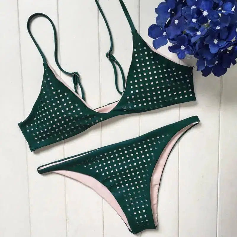 Green Halter Spaghetti Straps Bikinis Swimwear-1