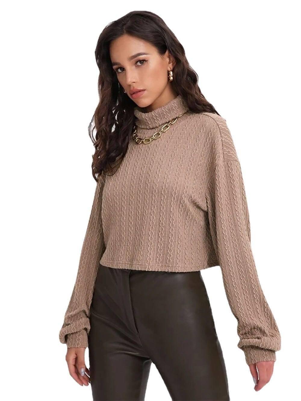 High Collar Long Sleeve Knitted Solid Loose Sweater For-2