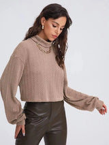 High Collar Long Sleeve Knitted Solid Loose Sweater For-6