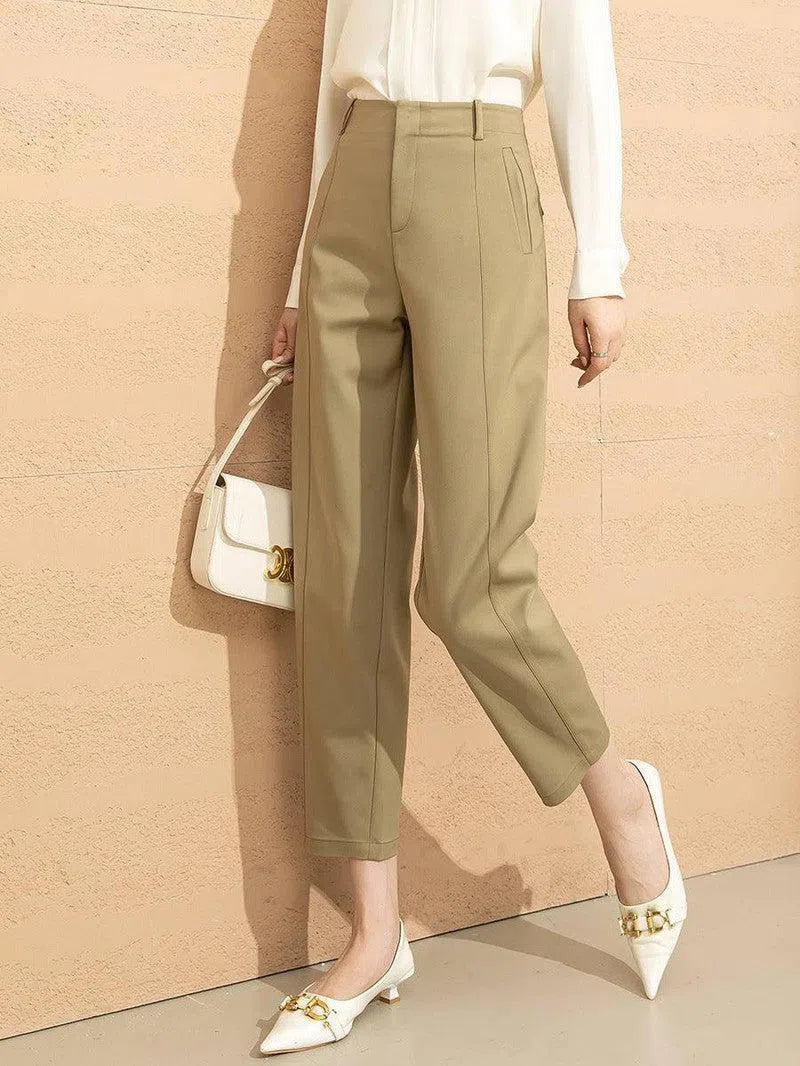 High Waist Draped Sickle Modal Suit Pants-Khaki-8