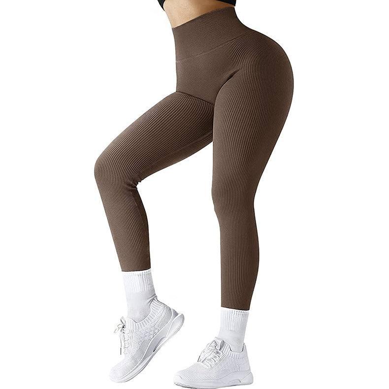 High Waist Seamless Leggings Threaded Knitted Fitness Pants-Coffee-13