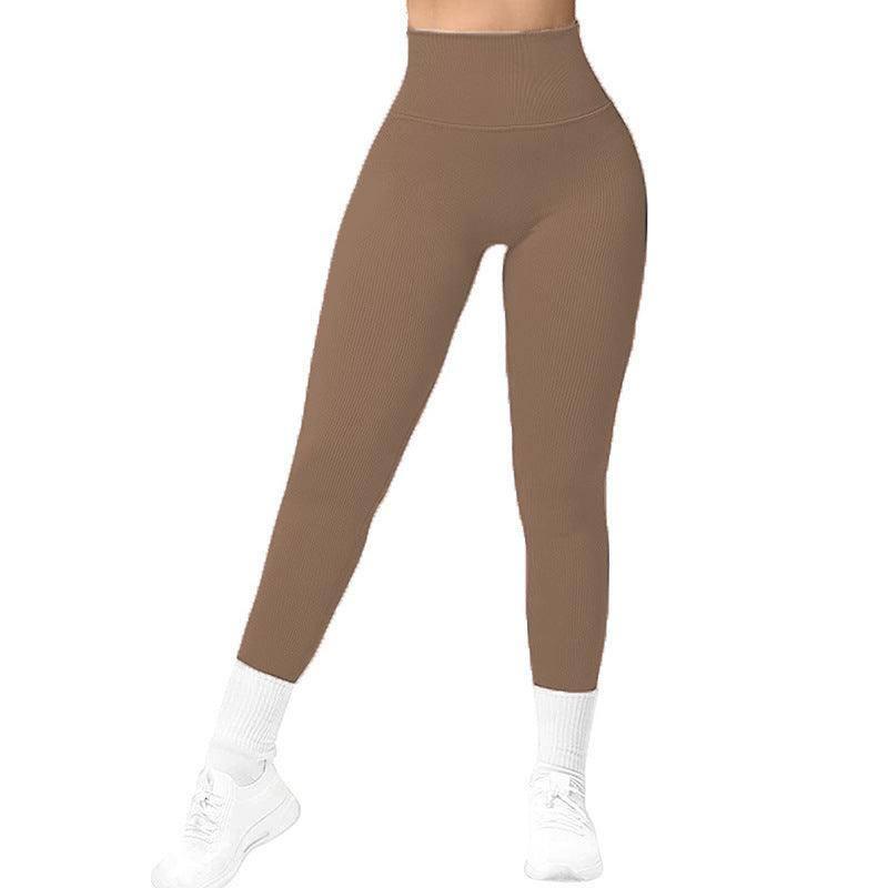 High Waist Seamless Leggings Threaded Knitted Fitness Pants Solid Women's Slimming Sports Yoga Pants Elastic Running Sport Leggings-Khaki-18