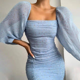 High Waist Open Back Gauze Pleated Dress-lightblue-2