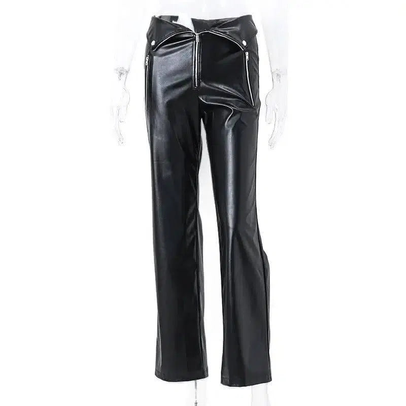 High Waist Straight Loose Wide Leg Casual Pants Leather-5