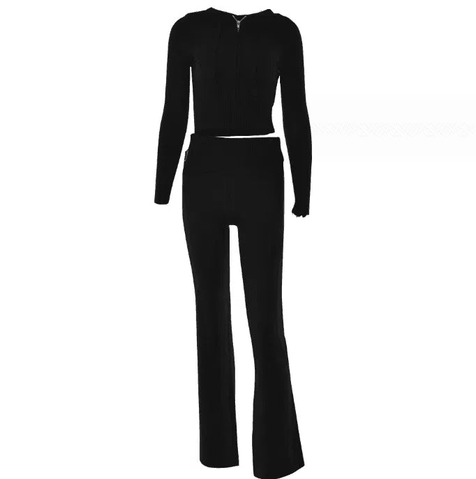 Hoodie Suit Women Leisure Zip Long Sleeve Sweater And High Waist Long Pants Set-Black suit-15