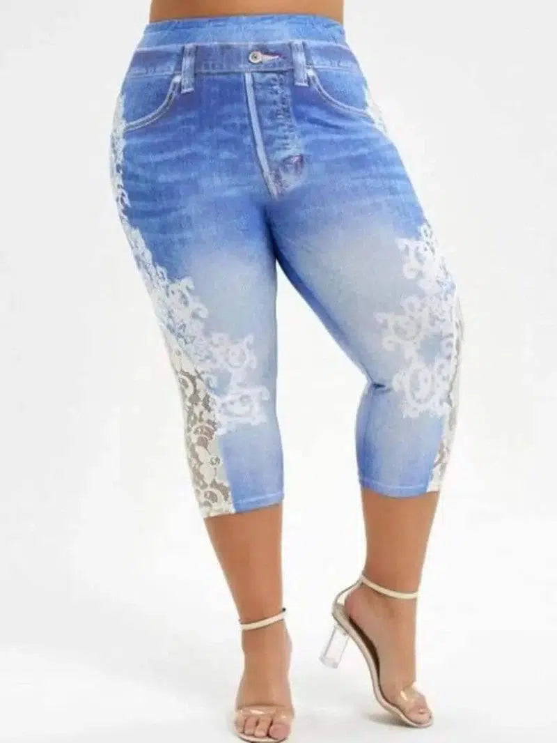 LOVEMI - Lovemi - Imitation Denim Lace Stitching Print Leggings