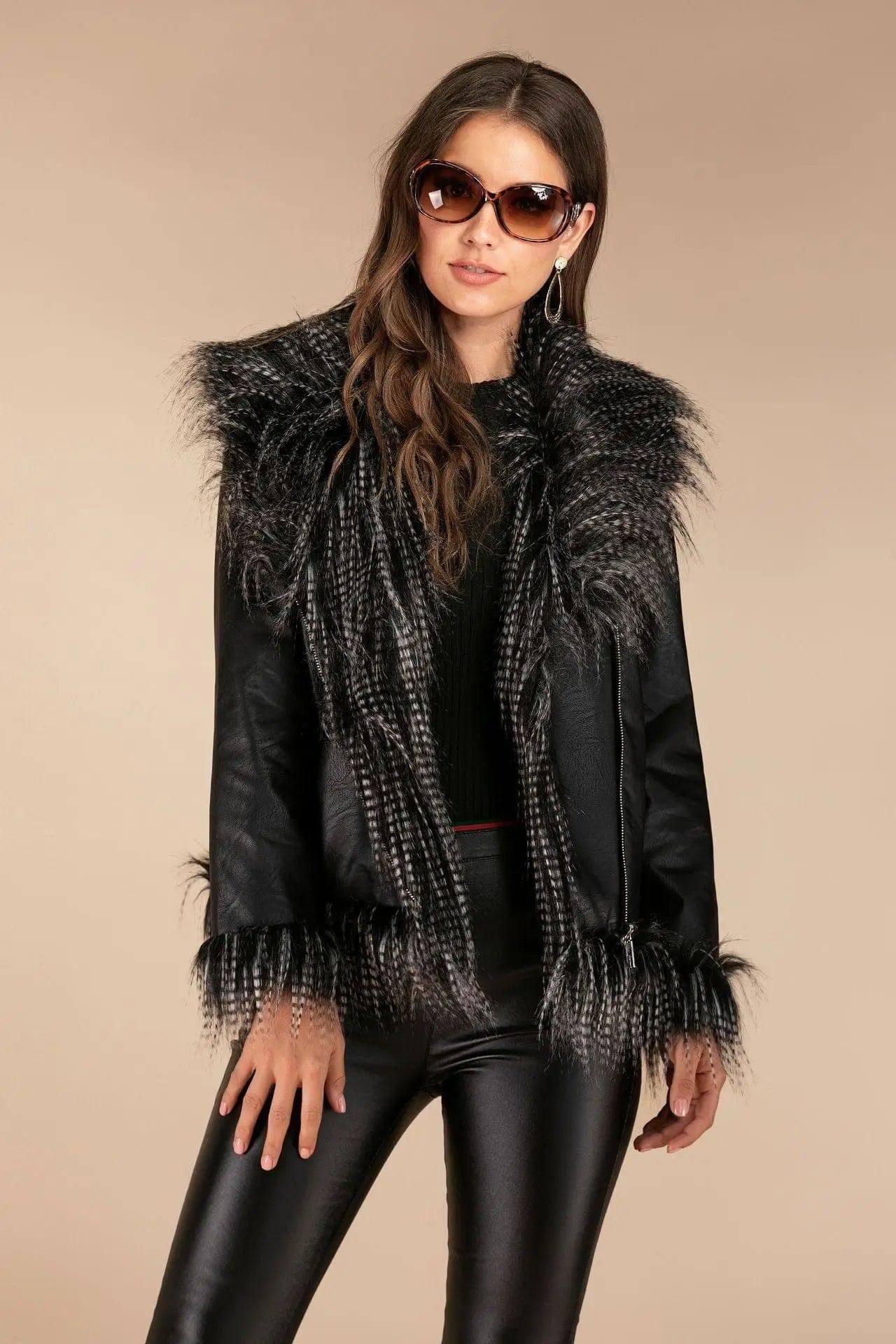 Imitation raccoon fur sheepskin leather jacket-Black-1