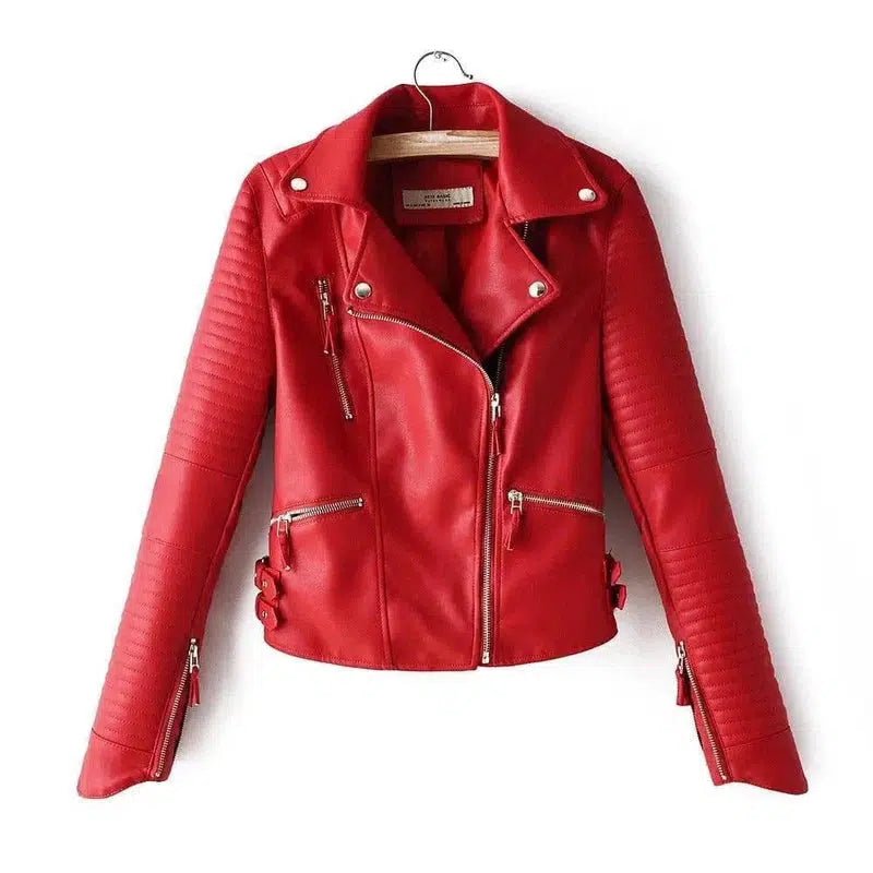 Irregular cuff motorcycle leather jacket-Red-11