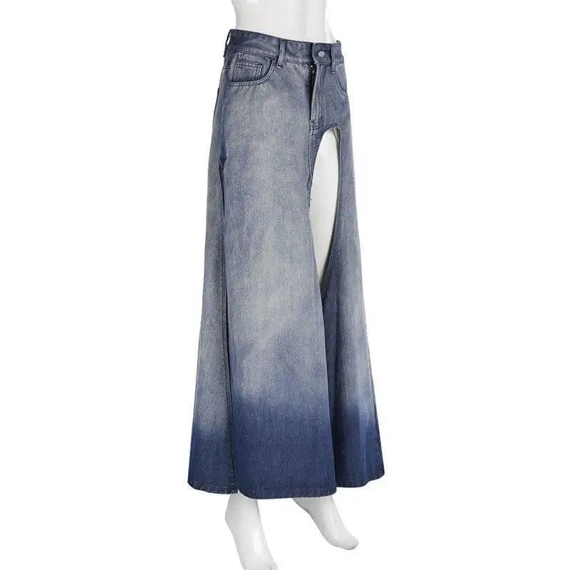 Irregular Slit A- Line Denim Skirt-3