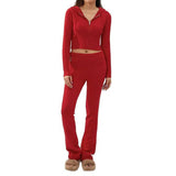 Knitted Hooded Suits Women's Fashion High Waist-Red-10