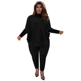 Knitted Plus Size Women 2 Piece Set Casual Solid Bat Sleeve-Black-10