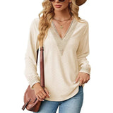 Lace Stitching V-neck T-shirt Loose Long-sleeved Solid Color Top For Women-Apricot-3