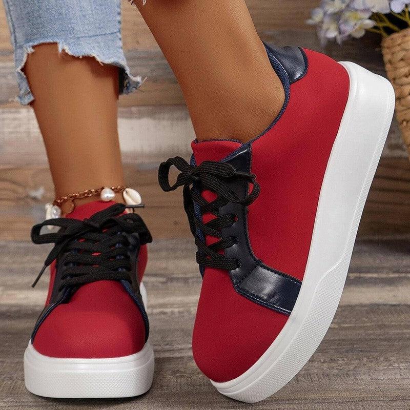 New Lace-up Flats Women Walking Sports Skateboard Shoes Retro Fashion Casual Sneakers-Red-6