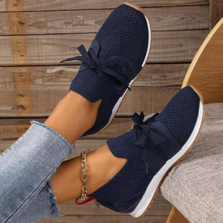 New Lace Up Flats Shoes For Women Breathable Casual Breathable Walking Wedges Shoes-Dark Blue-4