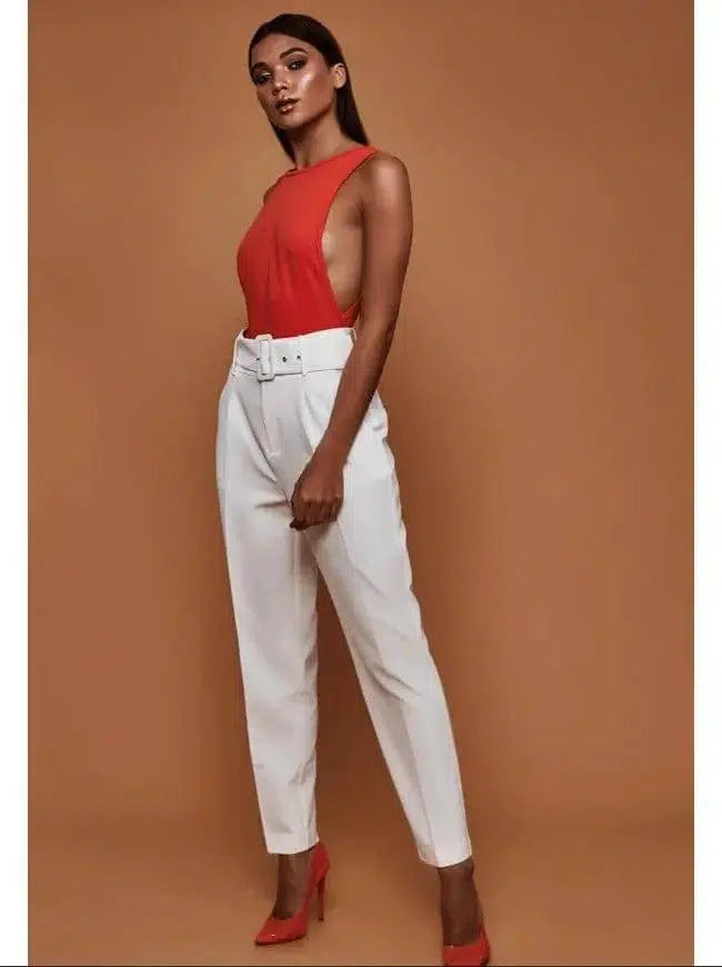 ladies autumn casual pants high waist solid color nine-White-17