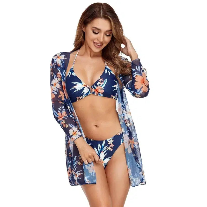 Ladies Shirt Bikini Three Piece Swimsuit-Navybluelongyarn3PCS-1