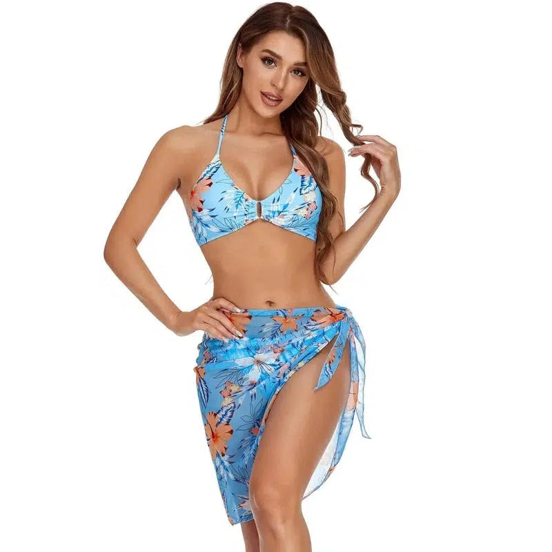 Ladies Shirt Bikini Three Piece Swimsuit-Skyblueshortyarn3PCS-5