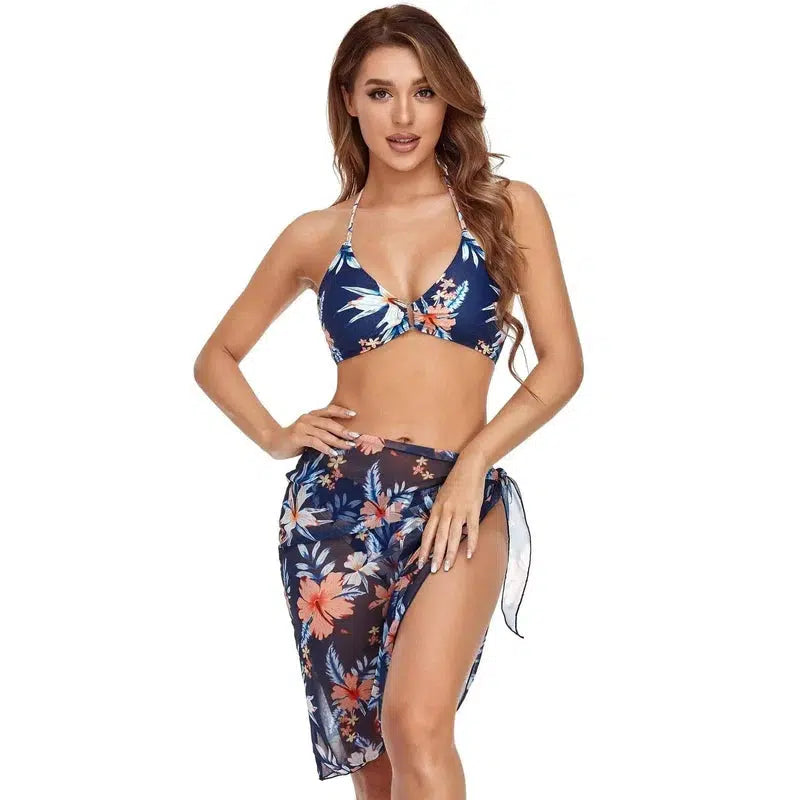 Ladies Shirt Bikini Three Piece Swimsuit-Navyblueshortyarn3PCS-7