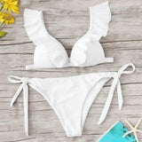 Ladies Split Solid Color Ruffled V-Neck Bikini Swimsuit-White-1