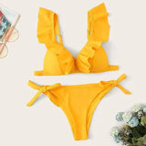 Ladies Split Solid Color Ruffled V-Neck Bikini Swimsuit-Yellow-2