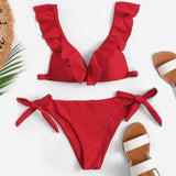 Ladies Split Solid Color Ruffled V-Neck Bikini Swimsuit-Red-3