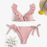 Ladies Split Solid Color Ruffled V-Neck Bikini Swimsuit-Pink-4