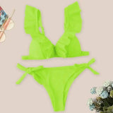 Ladies Split Solid Color Ruffled V-Neck Bikini Swimsuit-Green-5