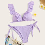 Ladies Split Solid Color Ruffled V-Neck Bikini Swimsuit-Purple-6