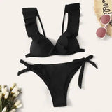 Ladies Split Solid Color Ruffled V-Neck Bikini Swimsuit-Black-7