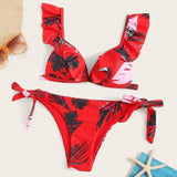 Ladies Split Solid Color Ruffled V-Neck Bikini Swimsuit-Leaves-9