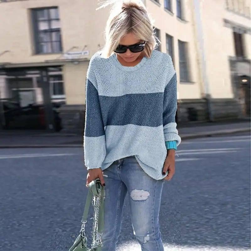 Ladies Sweater Stitching Knitted Sweater-Blue-2