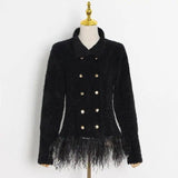 Lapel Long Sleeve Slim Double Breasted Tassel Coat Women-7