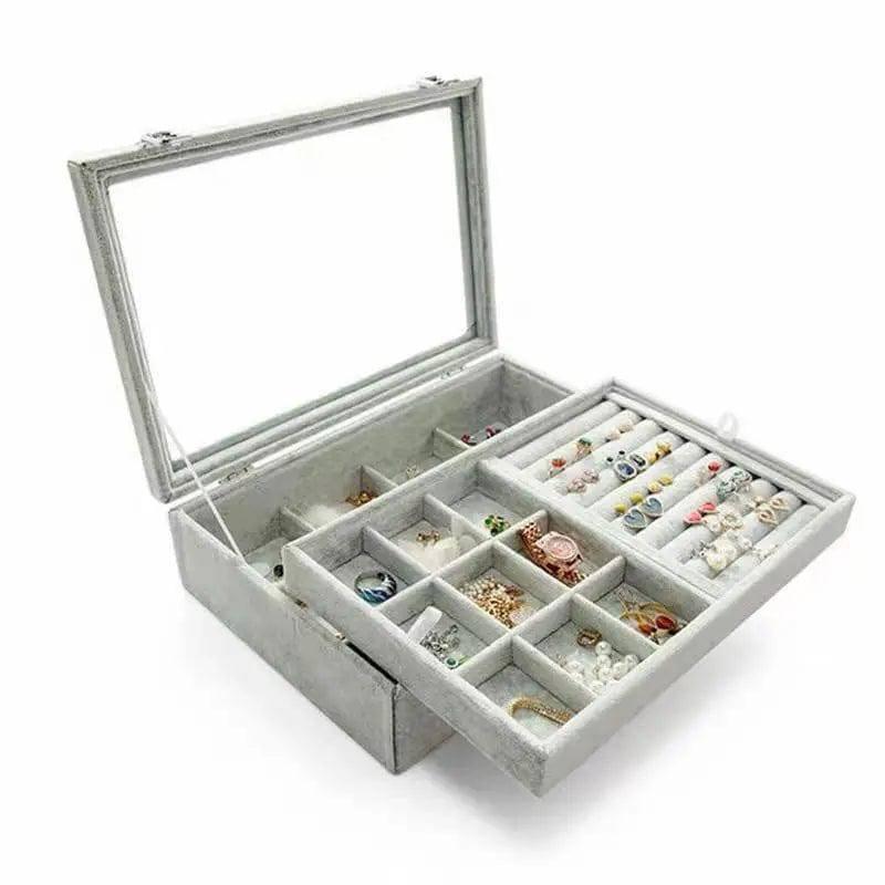 Large Capacity Jewelry Box Double Layer Flannel Box-Grey-1