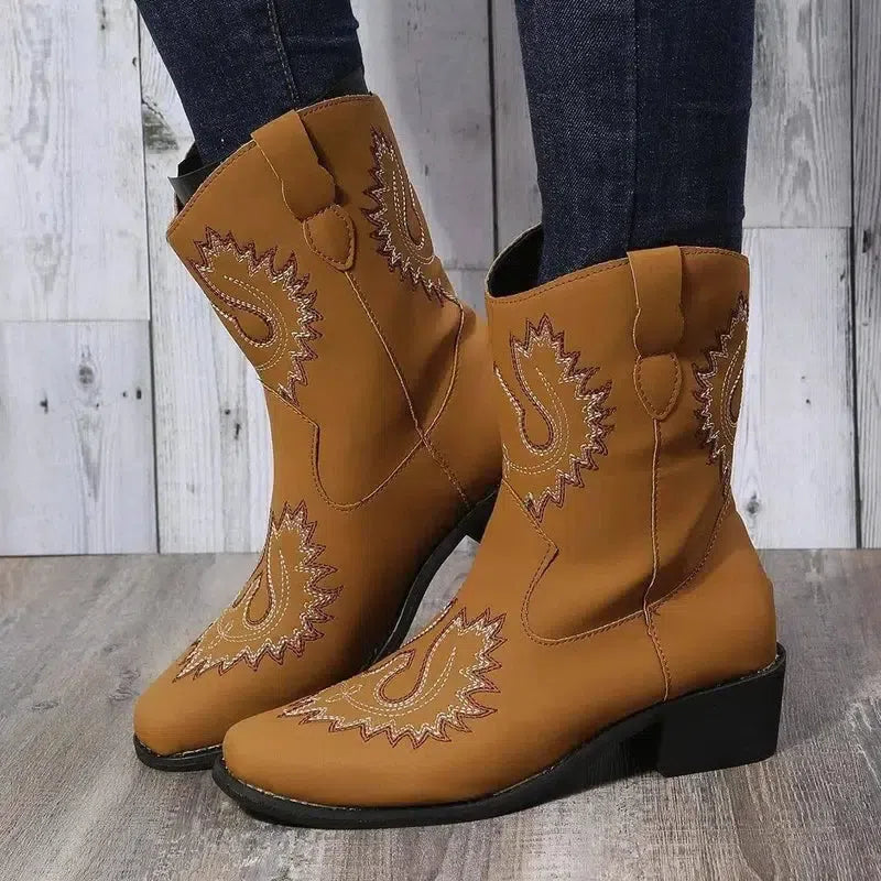 Large Short Boots Embroidered Ethnic Style Slope Heel Casual-Khaki-3