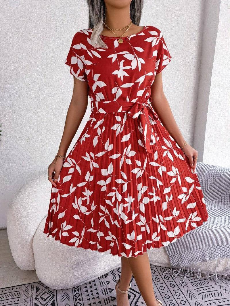 Leaf Print Dress Women Short Sleeve Lace-up Skirt Summer-Wine red-6