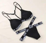 Letters Printing Cross Strip Bikini Set-1