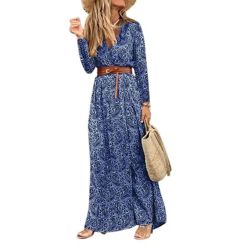 Long Sleeve V-Neck Boho Floral Dress-Darkblue-4