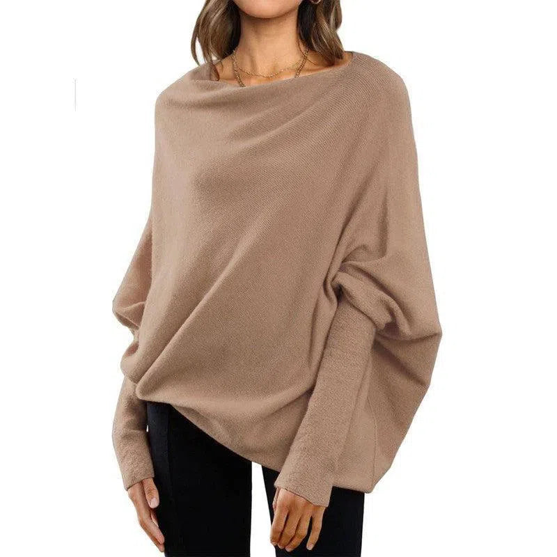 Loose Bat Sleeve Sweater Tops Simple Casual Fashion Versatile Solid Color Round Neck Sweater For Women-Light Brown-2