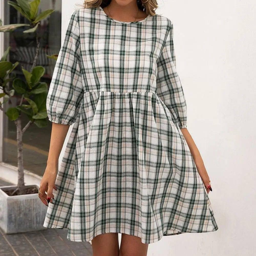 Loose Casual Pullover Plaid Dress Women-Green-4