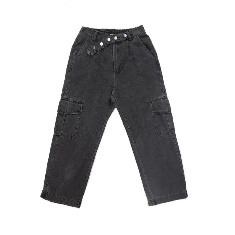 Trendy Oversized Black Tee & Street Style Jeans Combo-Gray-2