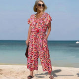 Loose Short Sleeve V-neck Printed Jumpsuit-1