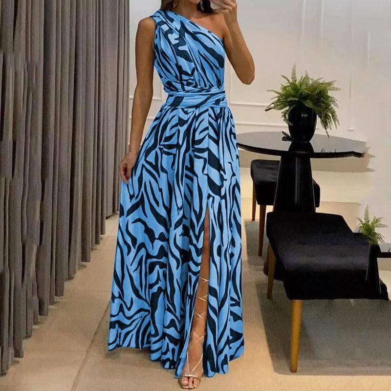 Loud back single shoulder sleeveless printed long dress for-blue-2