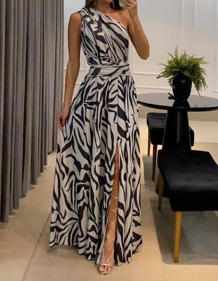 Loud back single shoulder sleeveless printed long dress for-5