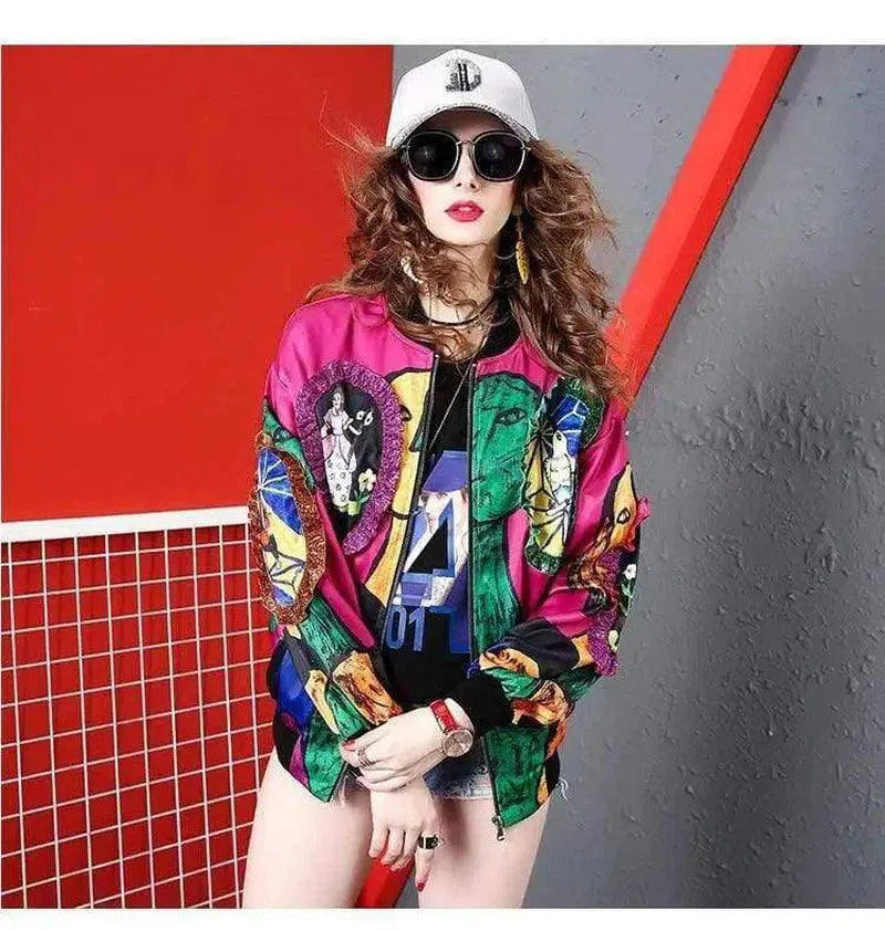 Women's Printed Bomber Jacket Casual Wear-Photo Color-1