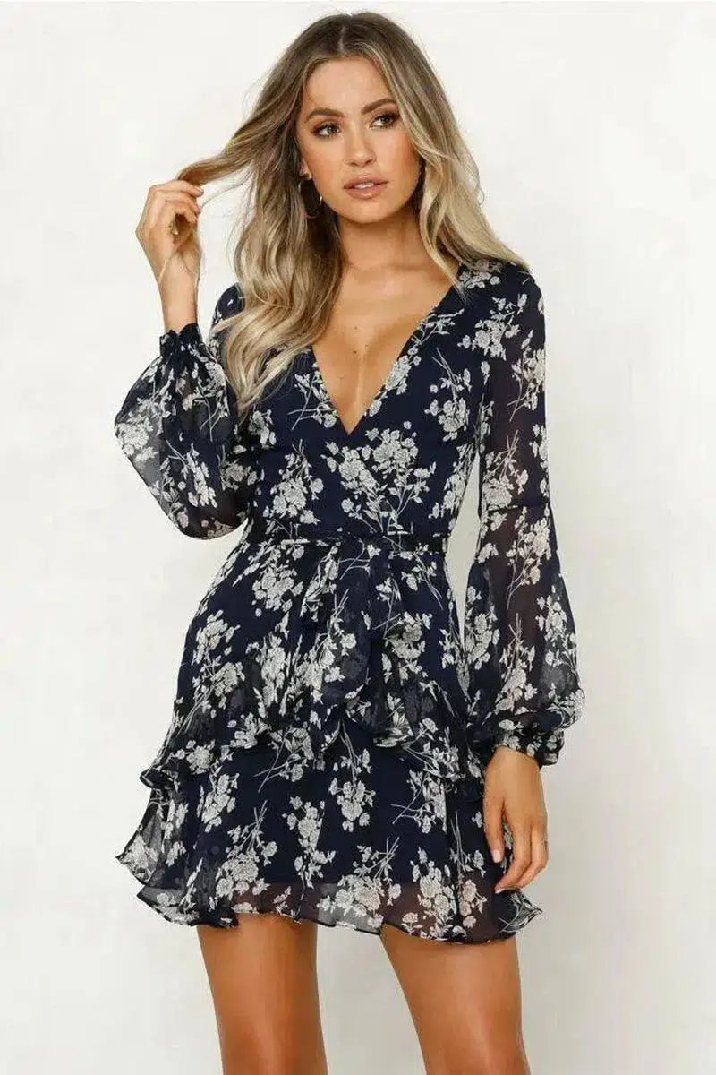 Autumn new fashion flower print long sleeve dress-White-8